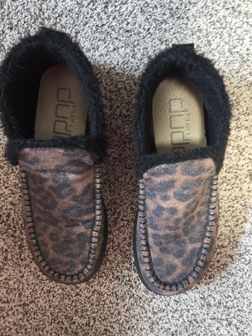 Hey Dude Leopard Print Faux Fur Moccasin Slippers - Black/Brown